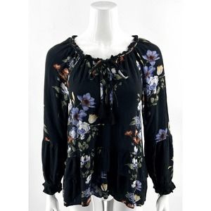 American Eagle Tunic Top Size S Black Blue Orange Floral Ruffle Tassel Tie Neck